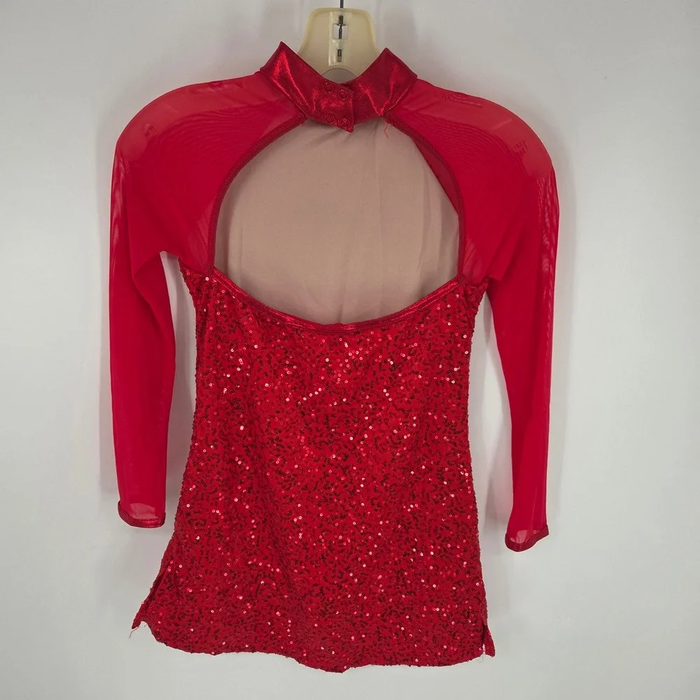 Balera Red Sequin Dance Leotard Dress Long Mesh Sleeve Mock Neck LC Kids